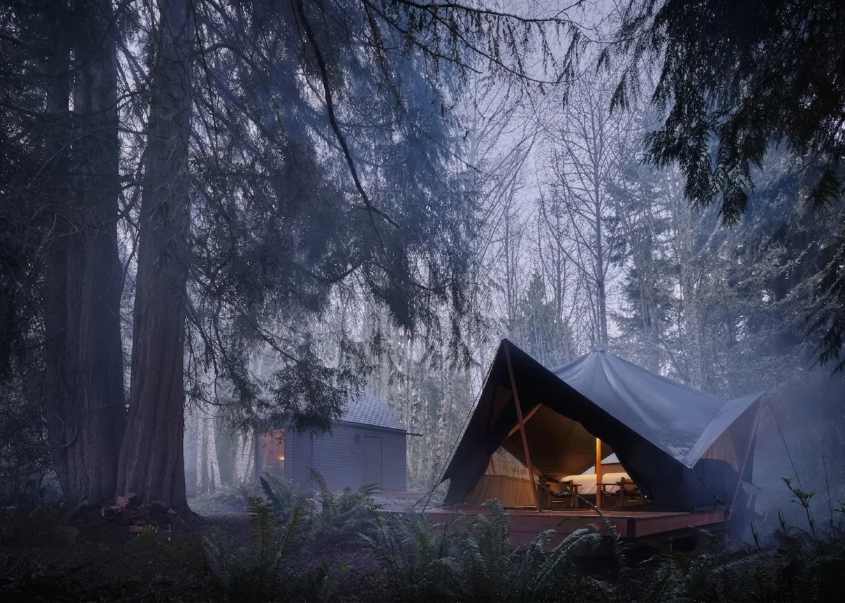 Lit canvas tent in a misty forest