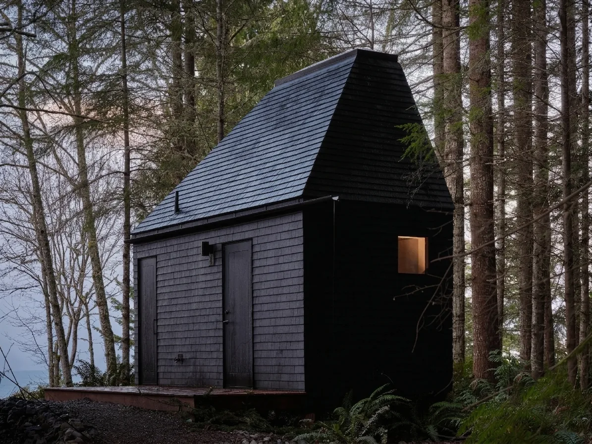 Black bathhouse with a glowing window in the forest