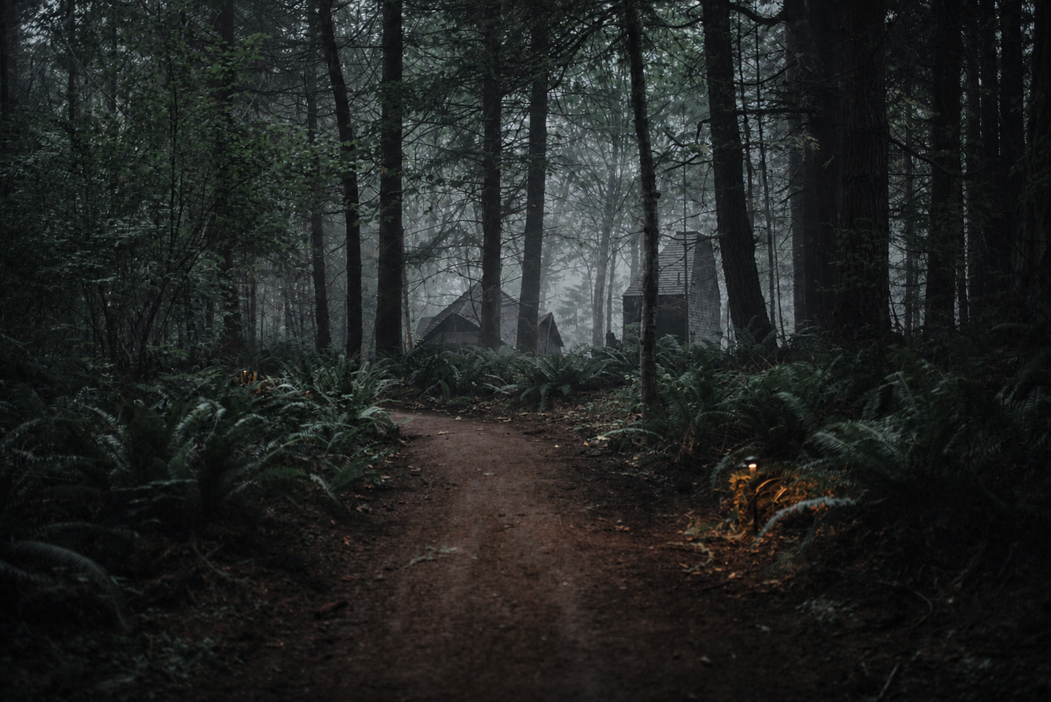 A forest path leading toward a Menizei basecamp through the mist