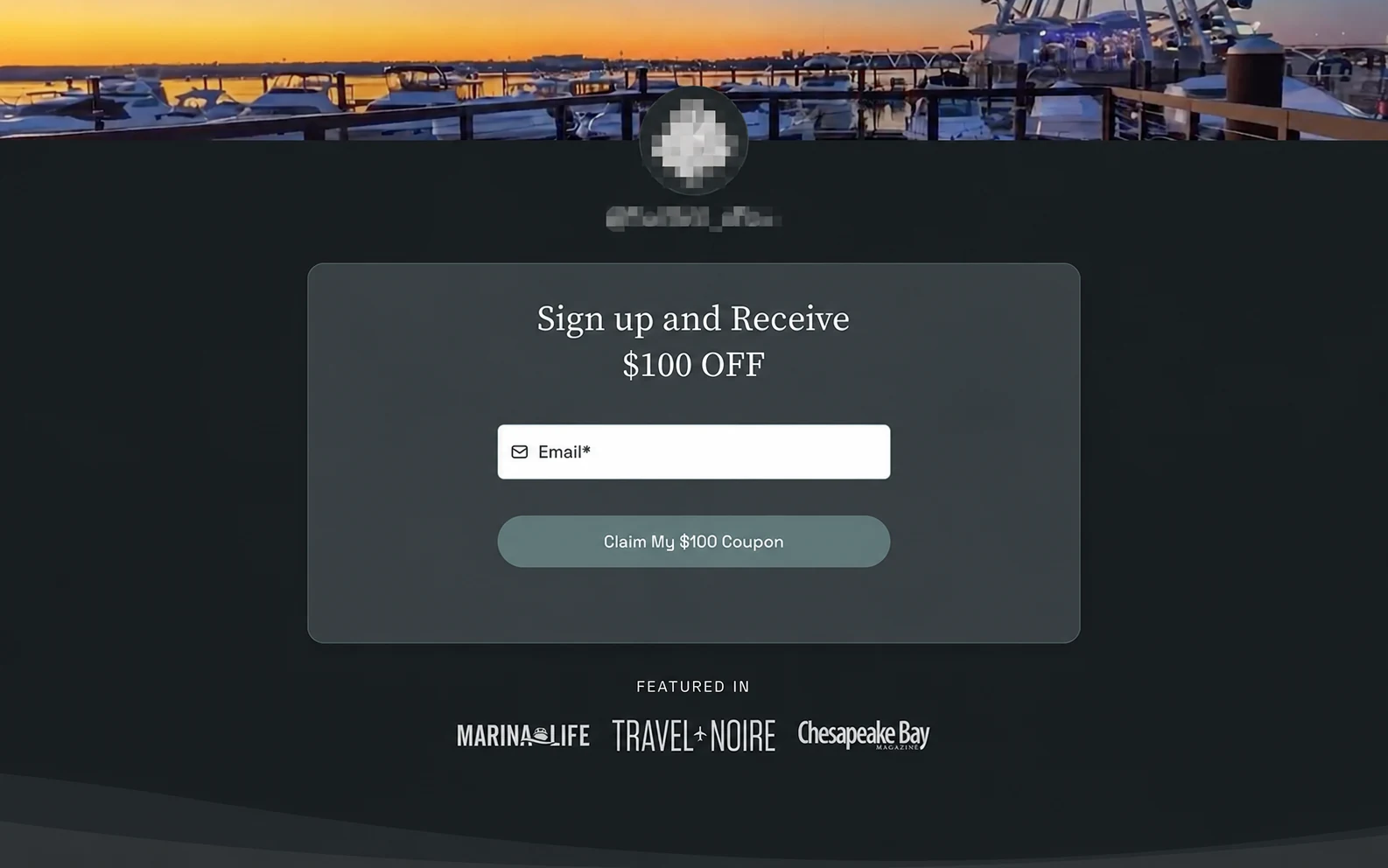 A competitor’s discount-led landing page: “Sign up and receive $100 off,” with an email field and a coupon button. The brand’s logo and handle are pixelated.