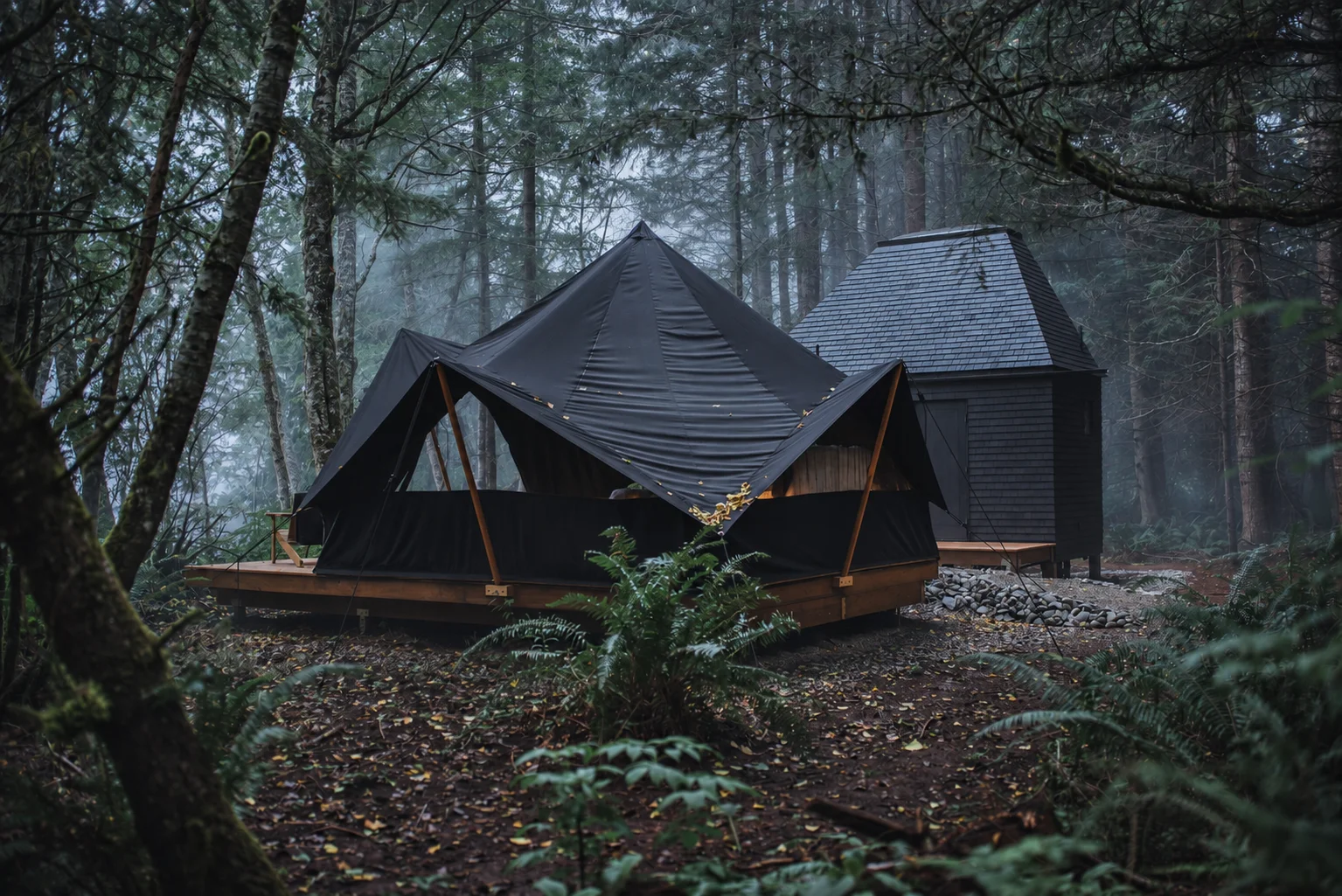 Menizei’s Red Alder basecamp sheltered by the misty forest