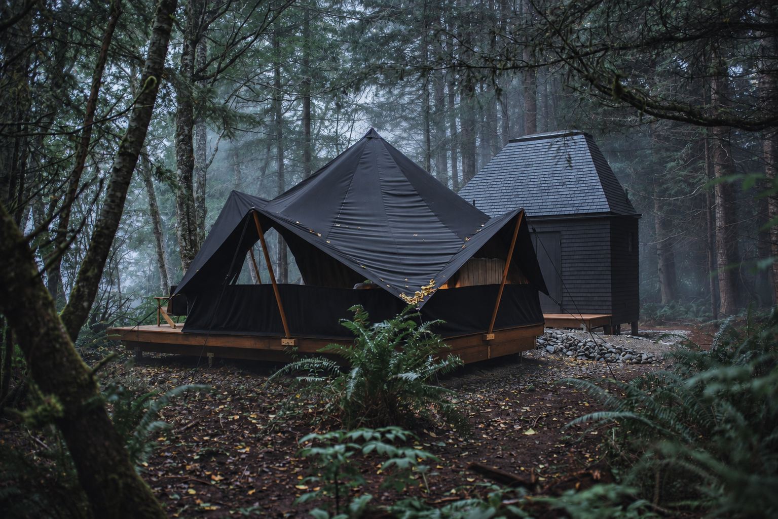 Red Alder at Menizei: a canvas tent and private bathhouse framed by misty forest